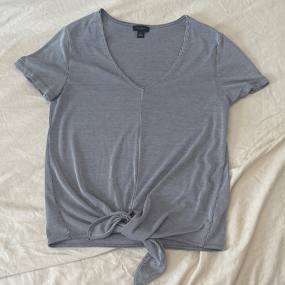 Ann Taylor Factory Navy and White Pinstripe Knot Tee